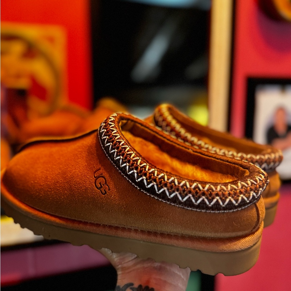 UGG Brown Moccasin Slippers with Geometric Trim